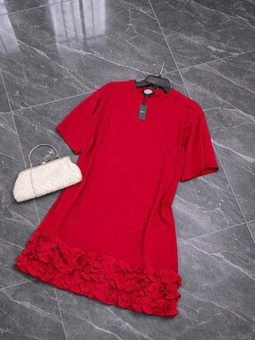 Textured Ruffle-Hem Mini Dress in Red